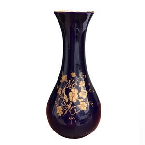 Limoges Castel France Blue Small Vase 22k Gold Trim And Gold Print